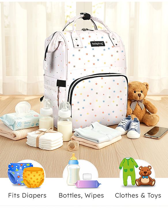 Babyhug Multipurpose Spacious Diaper Backpack Star Print - White| Adjustable Shoulder Strap|Insulated Bottle Pouch|Smart Back Zipper| Wipes Dispenser|Fishmouth Opening|Stylish Design|Attach to Trolley