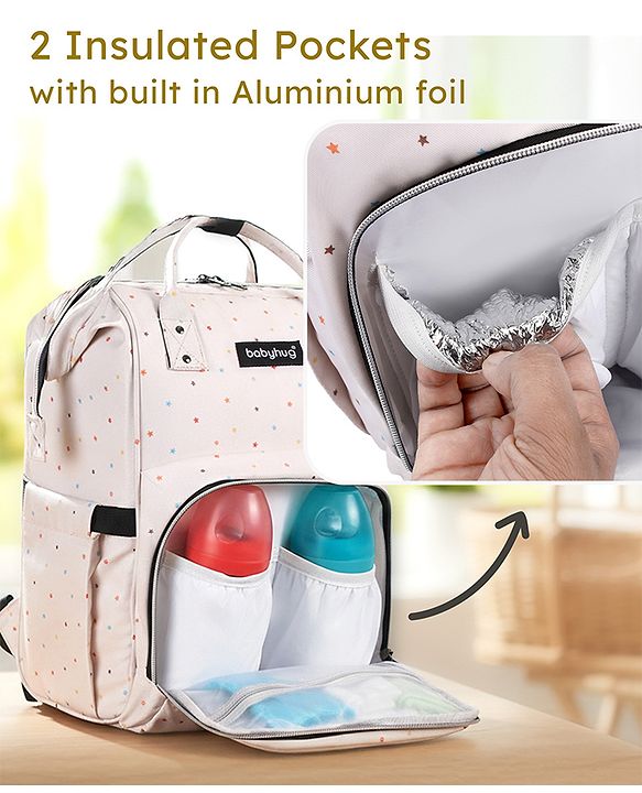 Babyhug Multipurpose Spacious Diaper Backpack Star Print - White| Adjustable Shoulder Strap|Insulated Bottle Pouch|Smart Back Zipper| Wipes Dispenser|Fishmouth Opening|Stylish Design|Attach to Trolley