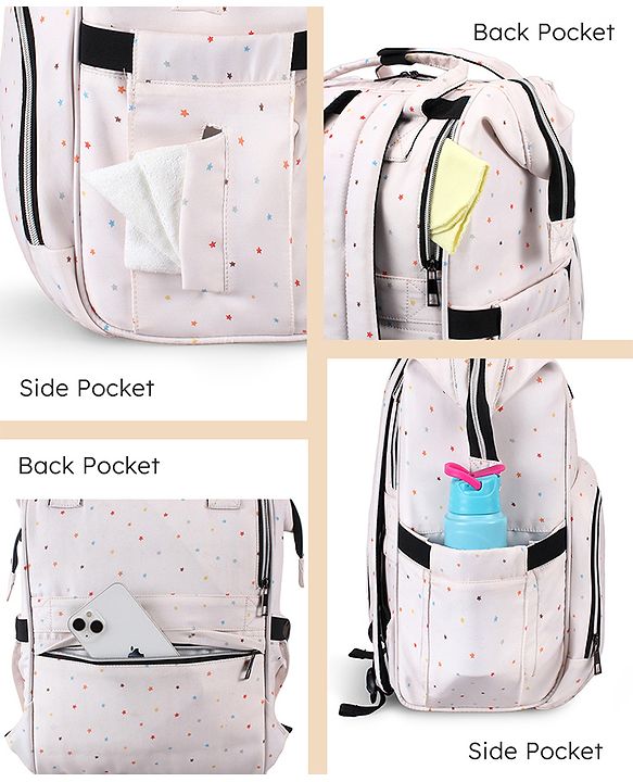 Babyhug Multipurpose Spacious Diaper Backpack Star Print - White| Adjustable Shoulder Strap|Insulated Bottle Pouch|Smart Back Zipper| Wipes Dispenser|Fishmouth Opening|Stylish Design|Attach to Trolley