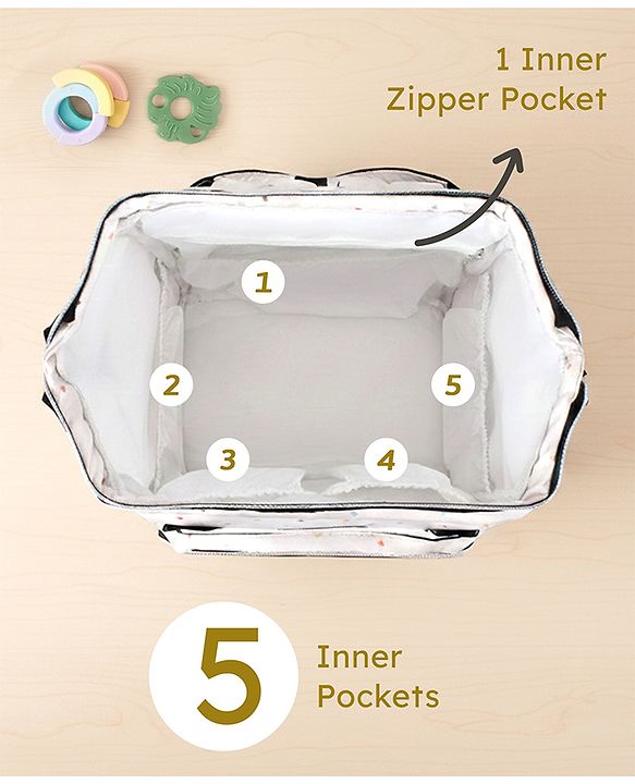 Babyhug Multipurpose Spacious Diaper Backpack Star Print - White| Adjustable Shoulder Strap|Insulated Bottle Pouch|Smart Back Zipper| Wipes Dispenser|Fishmouth Opening|Stylish Design|Attach to Trolley
