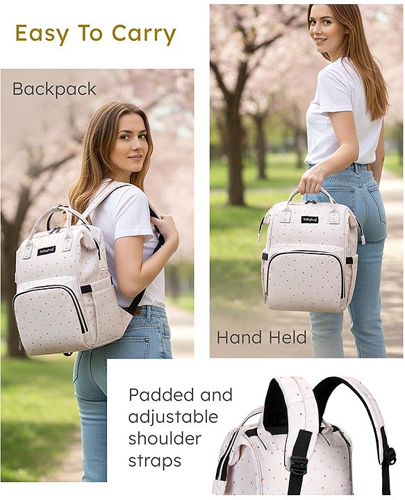 Babyhug Multipurpose Spacious Diaper Backpack Star Print - White| Adjustable Shoulder Strap|Insulated Bottle Pouch|Smart Back Zipper| Wipes Dispenser|Fishmouth Opening|Stylish Design|Attach to Trolley