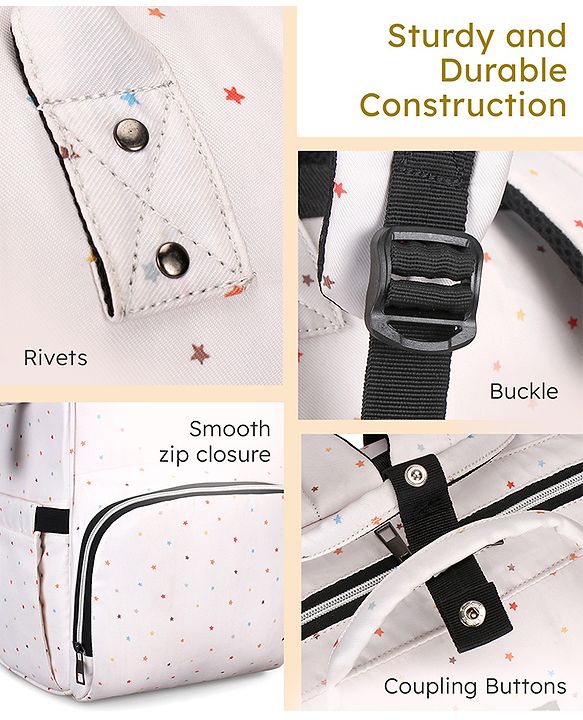 Babyhug Multipurpose Spacious Diaper Backpack Star Print - White| Adjustable Shoulder Strap|Insulated Bottle Pouch|Smart Back Zipper| Wipes Dispenser|Fishmouth Opening|Stylish Design|Attach to Trolley
