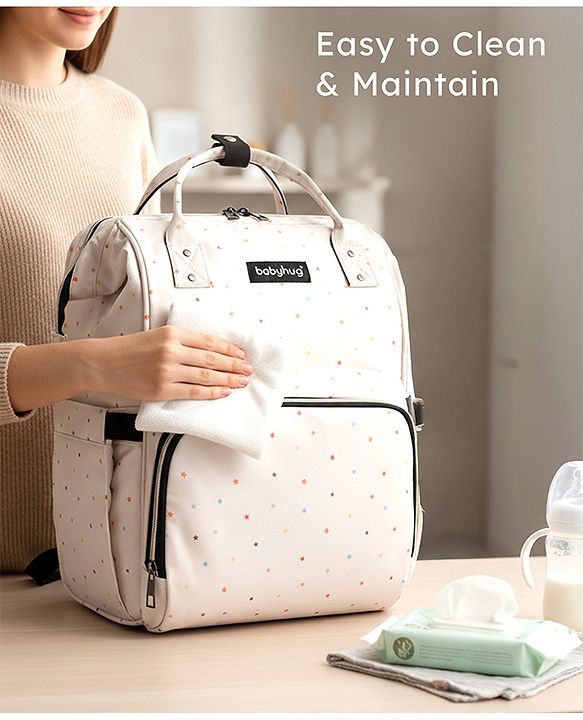 Babyhug Multipurpose Spacious Diaper Backpack Star Print - White| Adjustable Shoulder Strap|Insulated Bottle Pouch|Smart Back Zipper| Wipes Dispenser|Fishmouth Opening|Stylish Design|Attach to Trolley