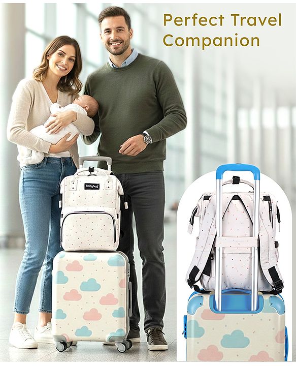 Babyhug Multipurpose Spacious Diaper Backpack Star Print - White| Adjustable Shoulder Strap|Insulated Bottle Pouch|Smart Back Zipper| Wipes Dispenser|Fishmouth Opening|Stylish Design|Attach to Trolley