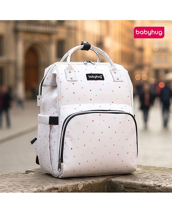 Babyhug Multipurpose Spacious Diaper Backpack Star Print - White| Adjustable Shoulder Strap|Insulated Bottle Pouch|Smart Back Zipper| Wipes Dispenser|Fishmouth Opening|Stylish Design|Attach to Trolley