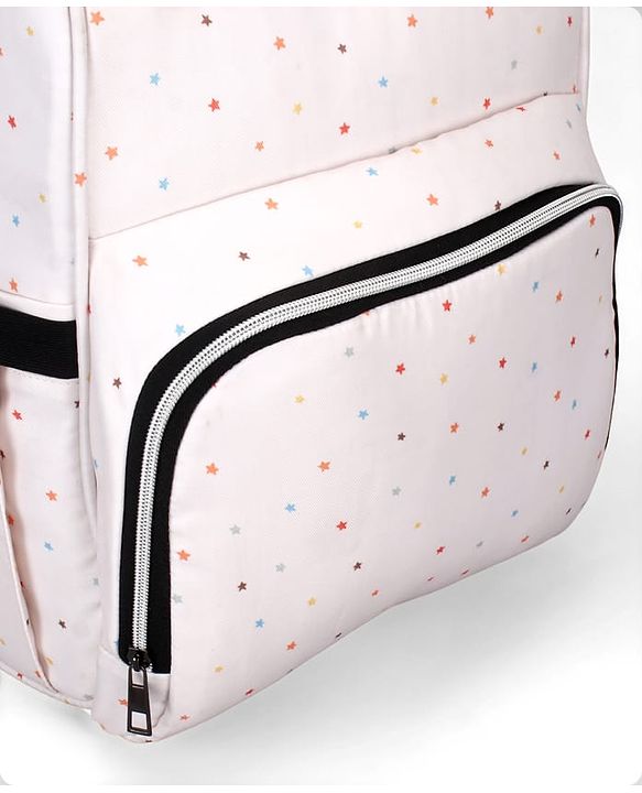 Babyhug Multipurpose Spacious Diaper Backpack Star Print - White| Adjustable Shoulder Strap|Insulated Bottle Pouch|Smart Back Zipper| Wipes Dispenser|Fishmouth Opening|Stylish Design|Attach to Trolley