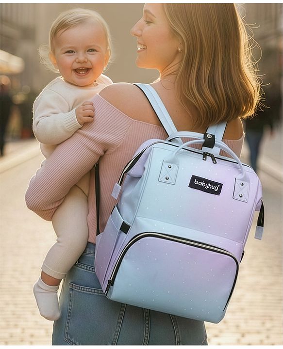 Babyhug Multipurpose Spacious Diaper Backpack Star Print - White| Adjustable Shoulder Strap|Insulated Bottle Pouch|Smart Back Zipper| Wipes Dispenser|Fishmouth Opening|Stylish Design|Attach to Trolley