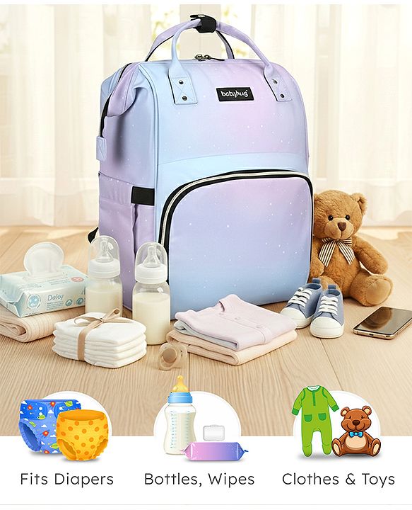 Babyhug Multipurpose Spacious Diaper Backpack Star Print - White| Adjustable Shoulder Strap|Insulated Bottle Pouch|Smart Back Zipper| Wipes Dispenser|Fishmouth Opening|Stylish Design|Attach to Trolley