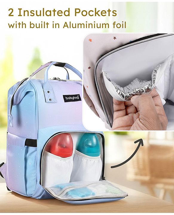 Babyhug Multipurpose Spacious Diaper Backpack Star Print - White| Adjustable Shoulder Strap|Insulated Bottle Pouch|Smart Back Zipper| Wipes Dispenser|Fishmouth Opening|Stylish Design|Attach to Trolley