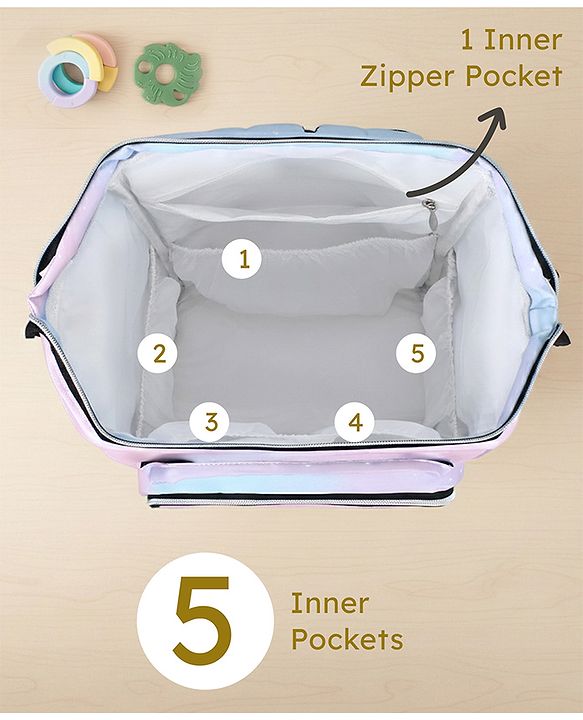 Babyhug Multipurpose Spacious Diaper Backpack Star Print - White| Adjustable Shoulder Strap|Insulated Bottle Pouch|Smart Back Zipper| Wipes Dispenser|Fishmouth Opening|Stylish Design|Attach to Trolley