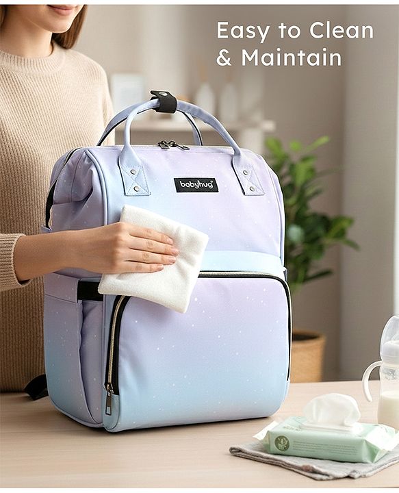 Babyhug Multipurpose Spacious Diaper Backpack Star Print - White| Adjustable Shoulder Strap|Insulated Bottle Pouch|Smart Back Zipper| Wipes Dispenser|Fishmouth Opening|Stylish Design|Attach to Trolley