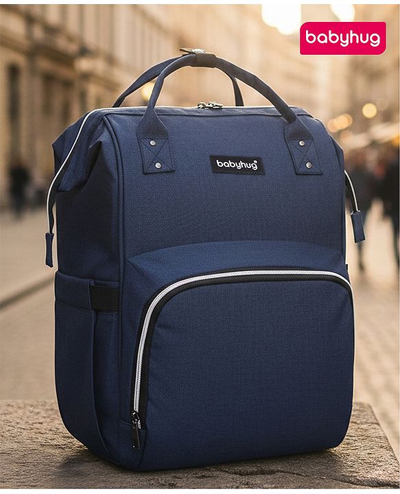 Babyhug Multipurpose Spacious Diaper Backpack - Navy Blue| Adjustable Shoulder Strap| Insulated Bottle Pouch| Smart Back Zipper| Wipes Dispenser| Wide Fish-mouth Opening| Attach to Trolley