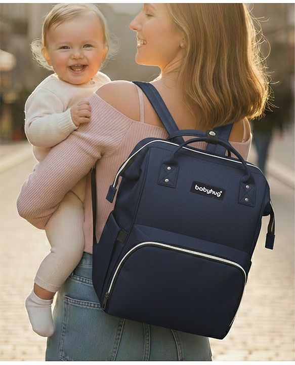 Babyhug Multipurpose Spacious Diaper Backpack - Navy Blue| Adjustable Shoulder Strap| Insulated Bottle Pouch| Smart Back Zipper| Wipes Dispenser| Wide Fish-mouth Opening| Attach to Trolley