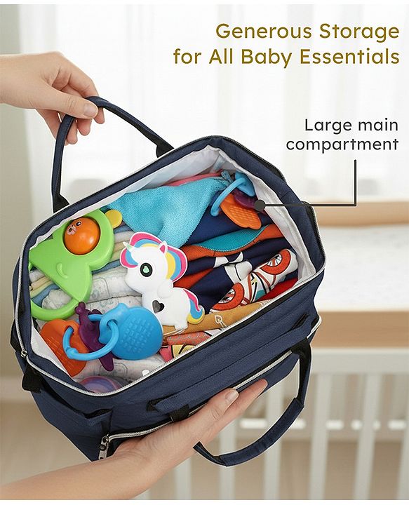 Babyhug Multipurpose Spacious Diaper Backpack - Navy Blue| Adjustable Shoulder Strap| Insulated Bottle Pouch| Smart Back Zipper| Wipes Dispenser| Wide Fish-mouth Opening| Attach to Trolley