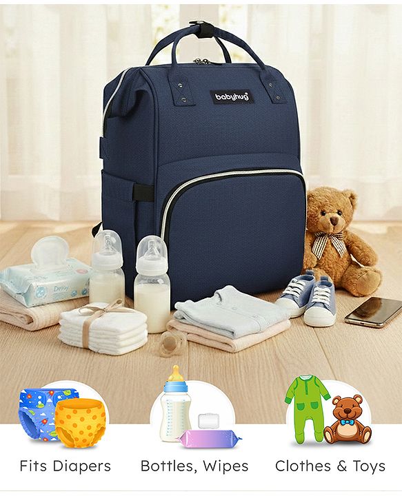 Babyhug Multipurpose Spacious Diaper Backpack - Navy Blue| Adjustable Shoulder Strap| Insulated Bottle Pouch| Smart Back Zipper| Wipes Dispenser| Wide Fish-mouth Opening| Attach to Trolley