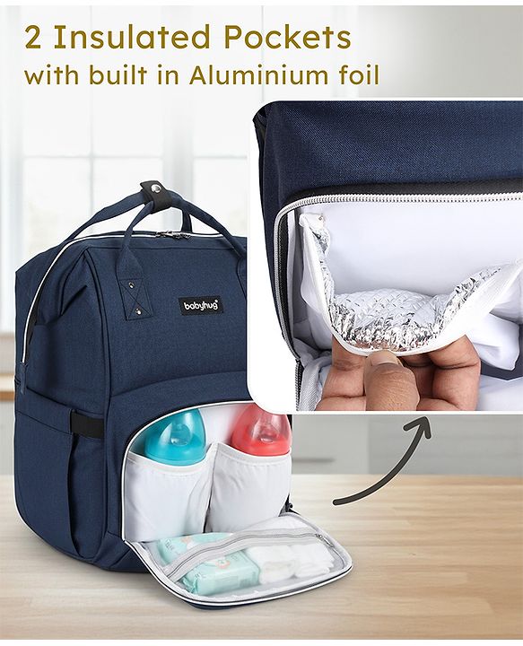 Babyhug Multipurpose Spacious Diaper Backpack - Navy Blue| Adjustable Shoulder Strap| Insulated Bottle Pouch| Smart Back Zipper| Wipes Dispenser| Wide Fish-mouth Opening| Attach to Trolley