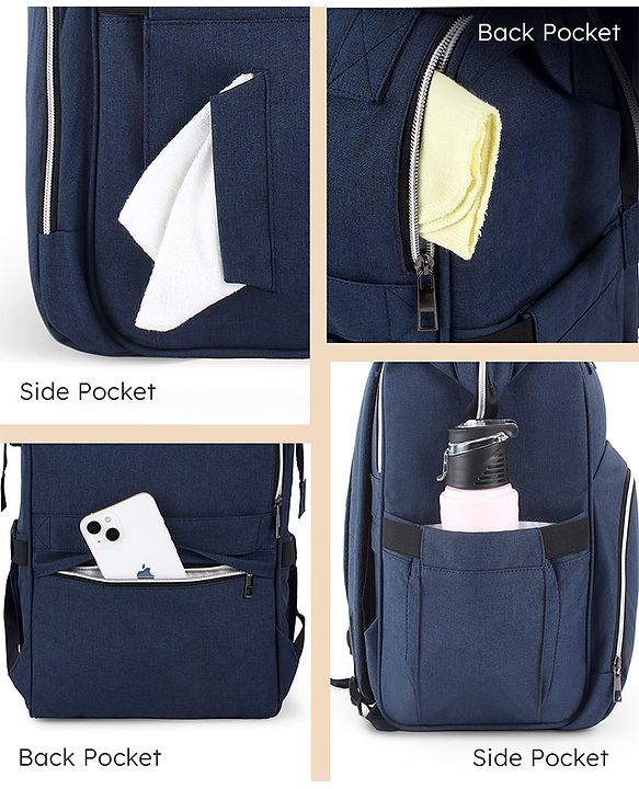 Babyhug Multipurpose Spacious Diaper Backpack - Navy Blue| Adjustable Shoulder Strap| Insulated Bottle Pouch| Smart Back Zipper| Wipes Dispenser| Wide Fish-mouth Opening| Attach to Trolley