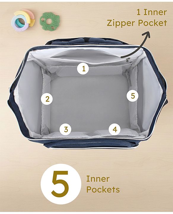 Babyhug Multipurpose Spacious Diaper Backpack - Navy Blue| Adjustable Shoulder Strap| Insulated Bottle Pouch| Smart Back Zipper| Wipes Dispenser| Wide Fish-mouth Opening| Attach to Trolley