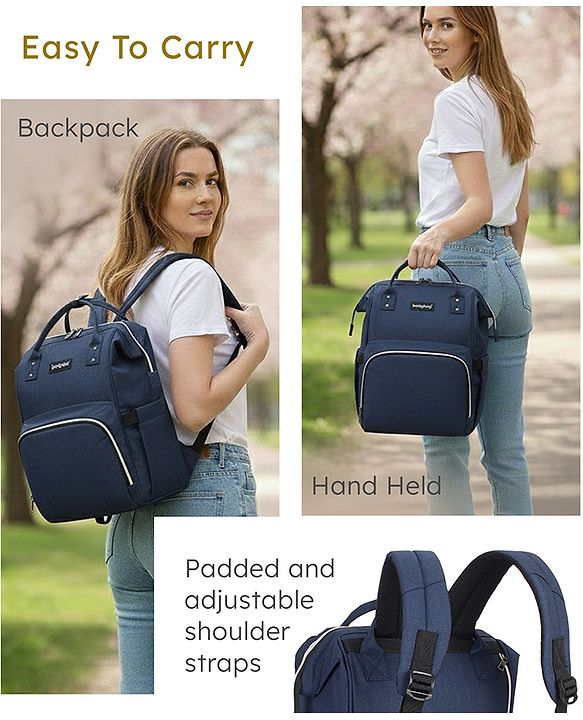 Babyhug Multipurpose Spacious Diaper Backpack - Navy Blue| Adjustable Shoulder Strap| Insulated Bottle Pouch| Smart Back Zipper| Wipes Dispenser| Wide Fish-mouth Opening| Attach to Trolley