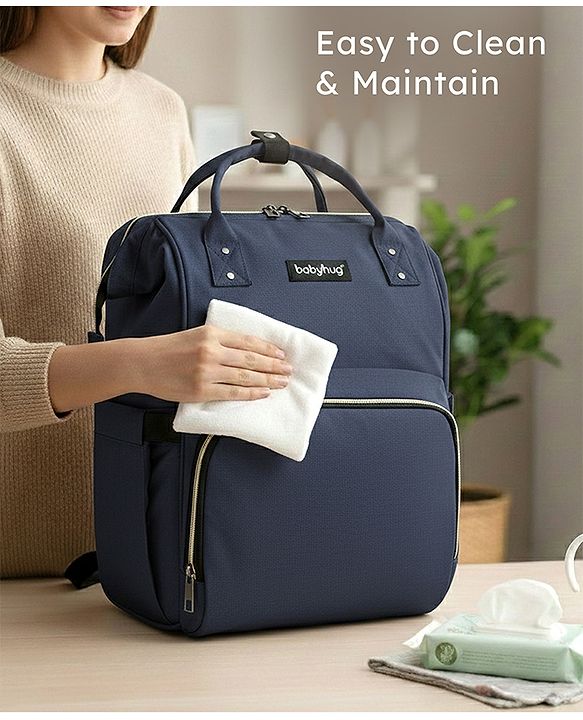 Babyhug Multipurpose Spacious Diaper Backpack - Navy Blue| Adjustable Shoulder Strap| Insulated Bottle Pouch| Smart Back Zipper| Wipes Dispenser| Wide Fish-mouth Opening| Attach to Trolley
