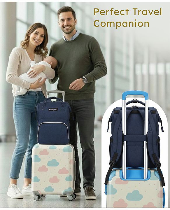 Babyhug Multipurpose Spacious Diaper Backpack - Navy Blue| Adjustable Shoulder Strap| Insulated Bottle Pouch| Smart Back Zipper| Wipes Dispenser| Wide Fish-mouth Opening| Attach to Trolley