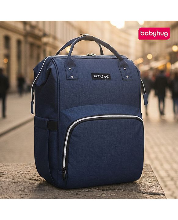 Babyhug Multipurpose Spacious Diaper Backpack - Navy Blue| Adjustable Shoulder Strap| Insulated Bottle Pouch| Smart Back Zipper| Wipes Dispenser| Wide Fish-mouth Opening| Attach to Trolley