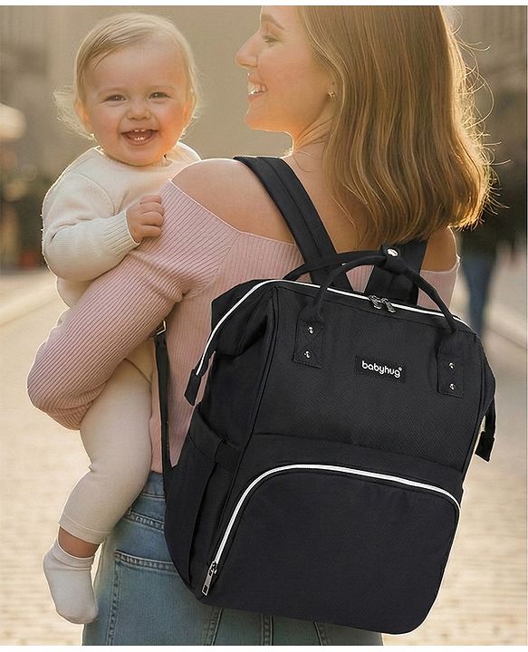 Babyhug Multipurpose Spacious Diaper Backpack - Navy Blue| Adjustable Shoulder Strap| Insulated Bottle Pouch| Smart Back Zipper| Wipes Dispenser| Wide Fish-mouth Opening| Attach to Trolley