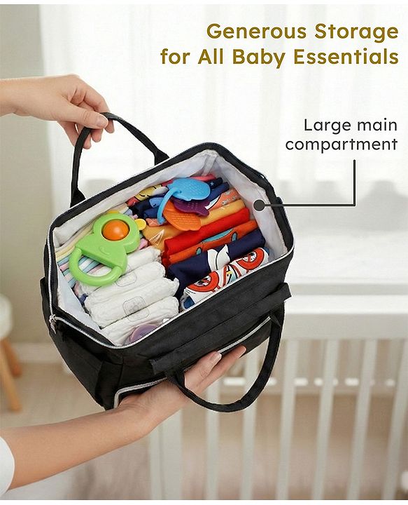 Babyhug Multipurpose Spacious Diaper Backpack - Navy Blue| Adjustable Shoulder Strap| Insulated Bottle Pouch| Smart Back Zipper| Wipes Dispenser| Wide Fish-mouth Opening| Attach to Trolley