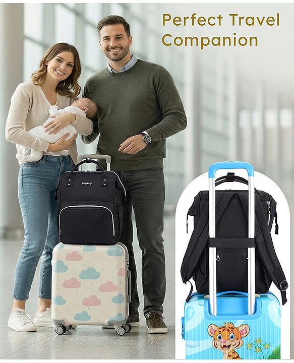 Babyhug Multipurpose Spacious Diaper Backpack - Navy Blue| Adjustable Shoulder Strap| Insulated Bottle Pouch| Smart Back Zipper| Wipes Dispenser| Wide Fish-mouth Opening| Attach to Trolley