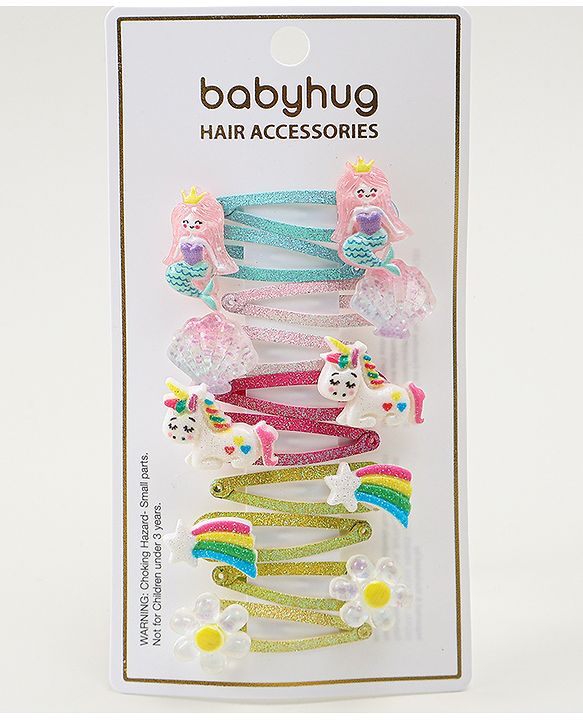 Babyhug Snap Clips with Marmaid  Unicorn & Rainbow Applique Pack of 10  -  Blue Pink & Green