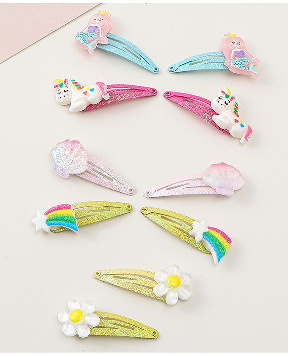 Babyhug Snap Clips with Marmaid  Unicorn & Rainbow Applique Pack of 10  -  Blue Pink & Green