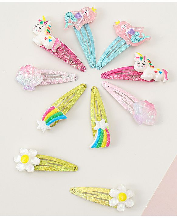 Babyhug Snap Clips with Marmaid  Unicorn & Rainbow Applique Pack of 10  -  Blue Pink & Green