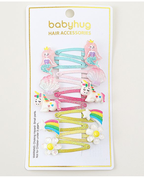 Babyhug Snap Clips with Marmaid  Unicorn & Rainbow Applique Pack of 10  -  Blue Pink & Green