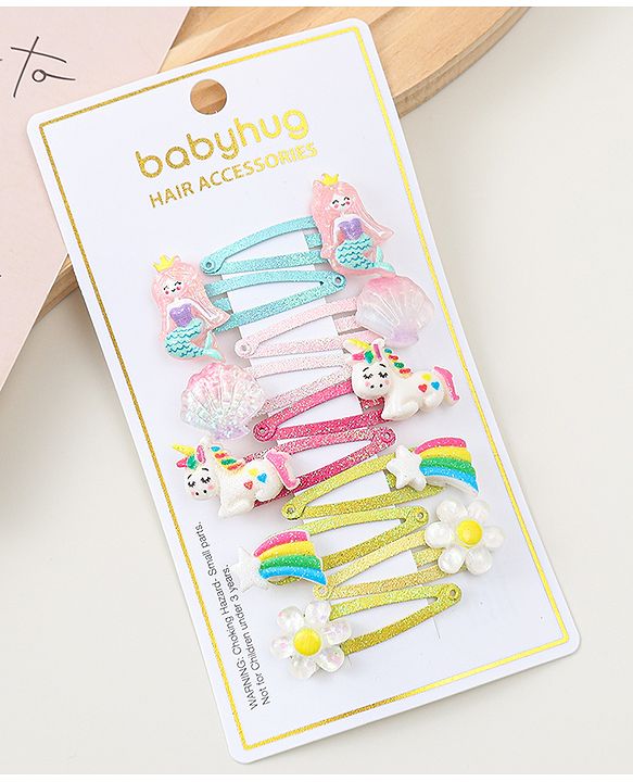Babyhug Snap Clips with Marmaid  Unicorn & Rainbow Applique Pack of 10  -  Blue Pink & Green