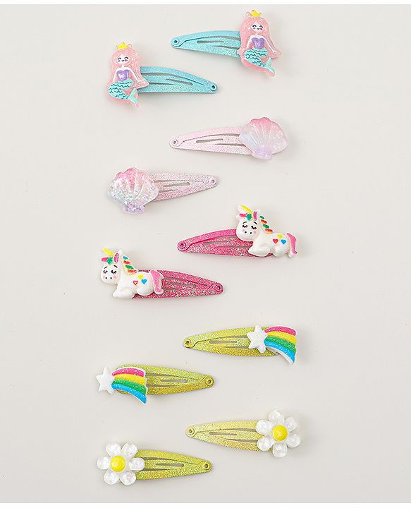 Babyhug Snap Clips with Marmaid  Unicorn & Rainbow Applique Pack of 10  -  Blue Pink & Green