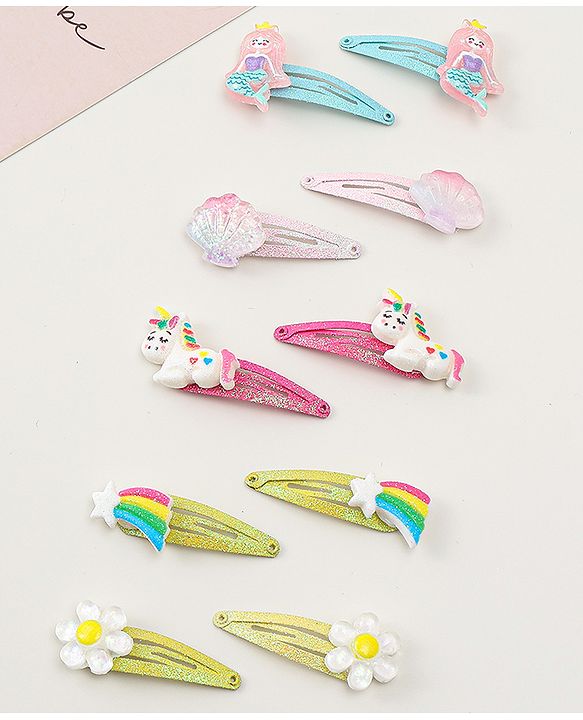 Babyhug Snap Clips with Marmaid  Unicorn & Rainbow Applique Pack of 10  -  Blue Pink & Green