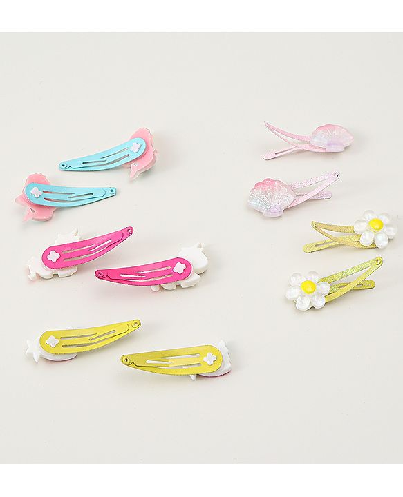 Babyhug Snap Clips with Marmaid  Unicorn & Rainbow Applique Pack of 10  -  Blue Pink & Green