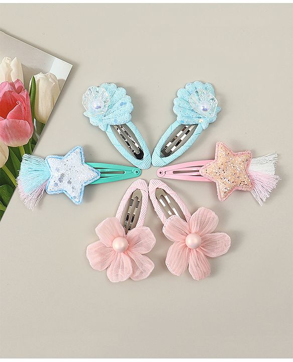 Babyhug Snap Clips with Floral Applique Pack of 6 - Pink & Blue