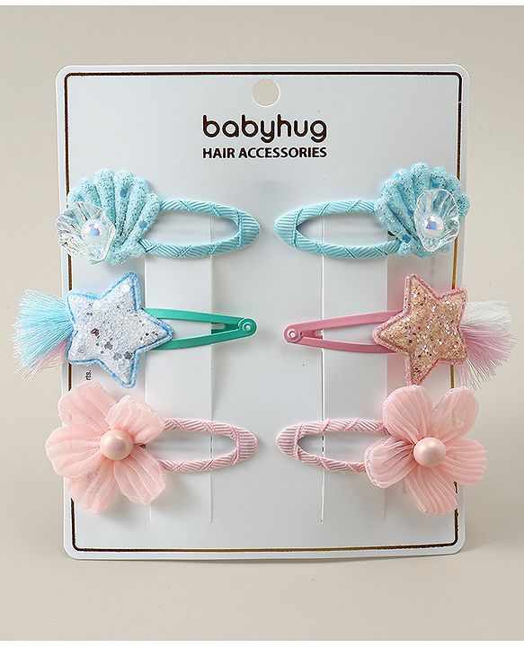 Babyhug Snap Clips with Floral Applique Pack of 6 - Pink & Blue