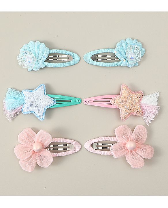 Babyhug Snap Clips with Floral Applique Pack of 6 - Pink & Blue