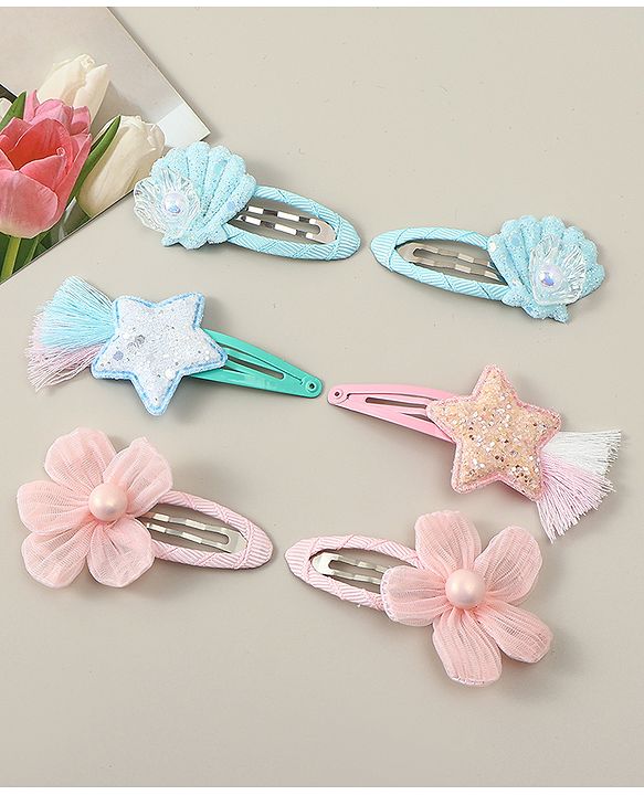 Babyhug Snap Clips with Floral Applique Pack of 6 - Pink & Blue