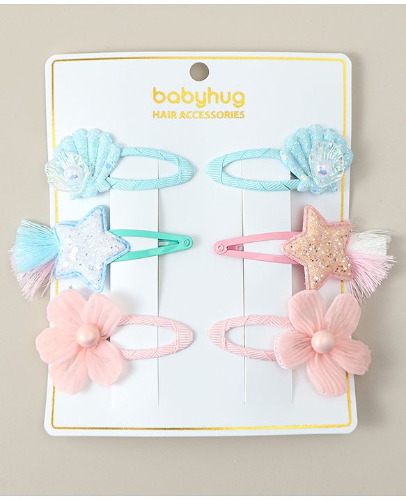 Babyhug Snap Clips with Floral Applique Pack of 6 - Pink & Blue