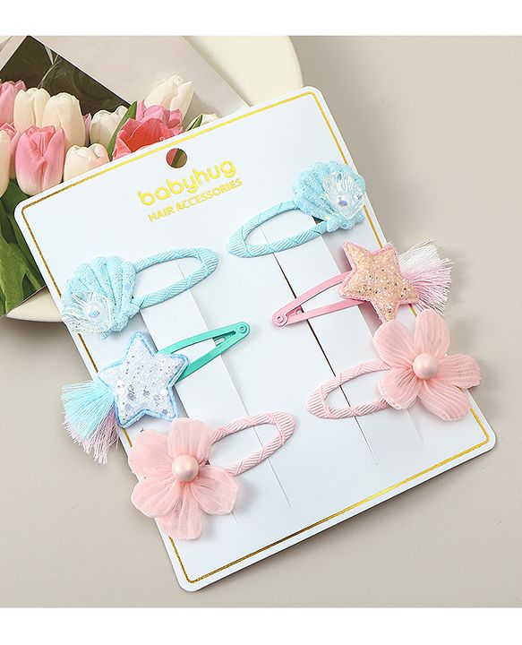 Babyhug Snap Clips with Floral Applique Pack of 6 - Pink & Blue