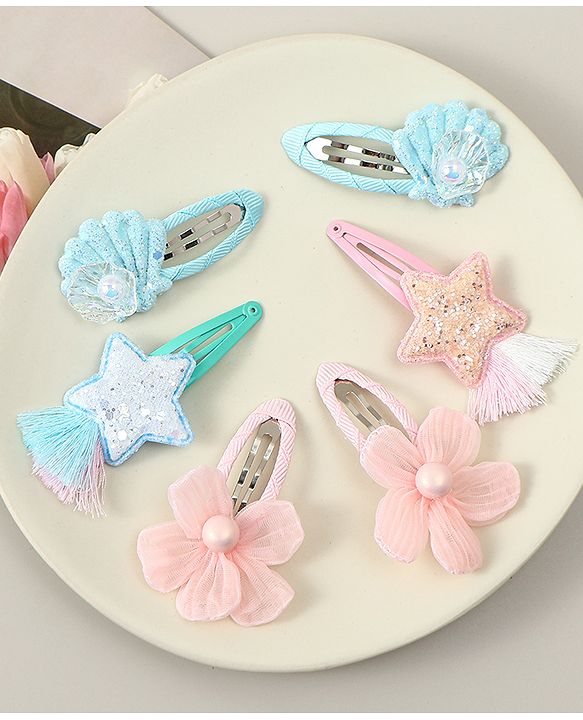 Babyhug Snap Clips with Floral Applique Pack of 6 - Pink & Blue
