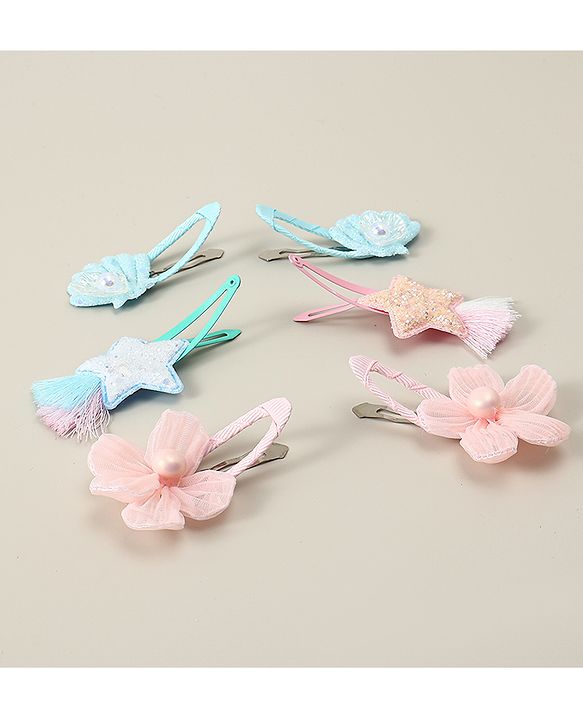 Babyhug Snap Clips with Floral Applique Pack of 6 - Pink & Blue