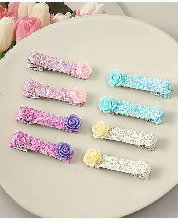 Babyhug Hair Clips with Floral Applique Free Size Pack Of 8 - Multicolor