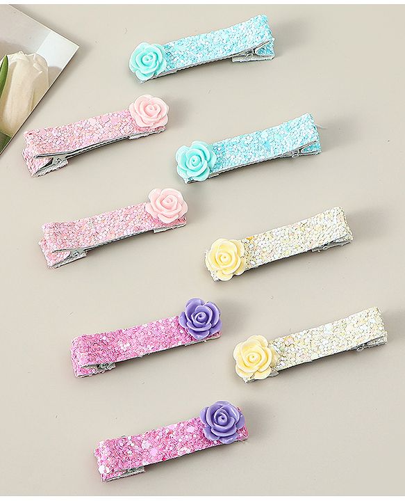 Babyhug Hair Clips with Floral Applique Free Size Pack Of 8 - Multicolor