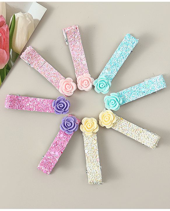 Babyhug Hair Clips with Floral Applique Free Size Pack Of 8 - Multicolor