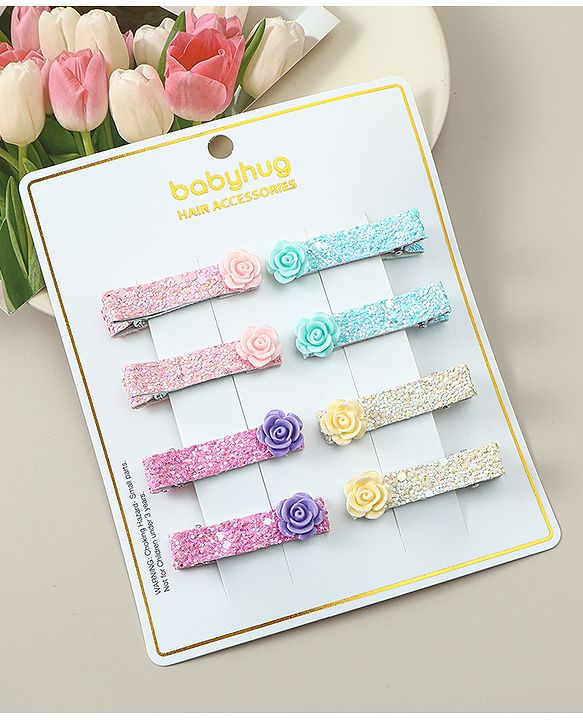 Babyhug Hair Clips with Floral Applique Free Size Pack Of 8 - Multicolor
