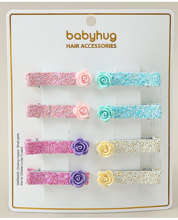 Babyhug Hair Clips with Floral Applique Free Size Pack Of 8 - Multicolor